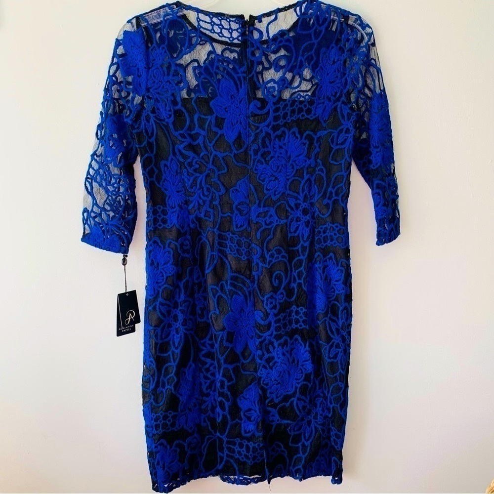Adrianna Papell Juliet Lace Pleated Sheath Dress Blue Black Size 10P NWT - Picture 2 of 9